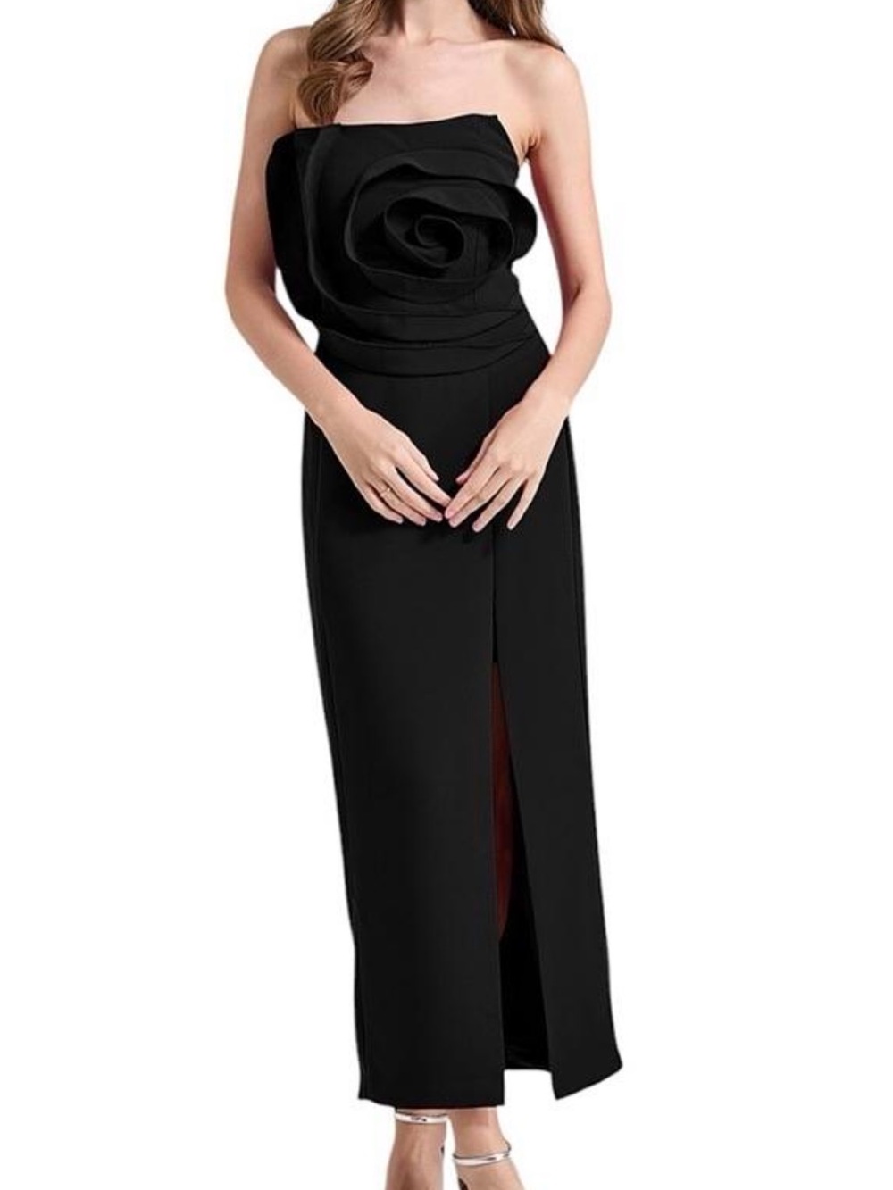 Strapless Black Rose Appliqué Column Dress